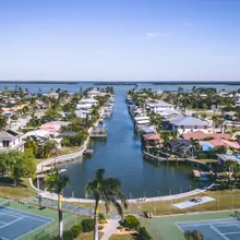 Beachfront houses on a sunny day